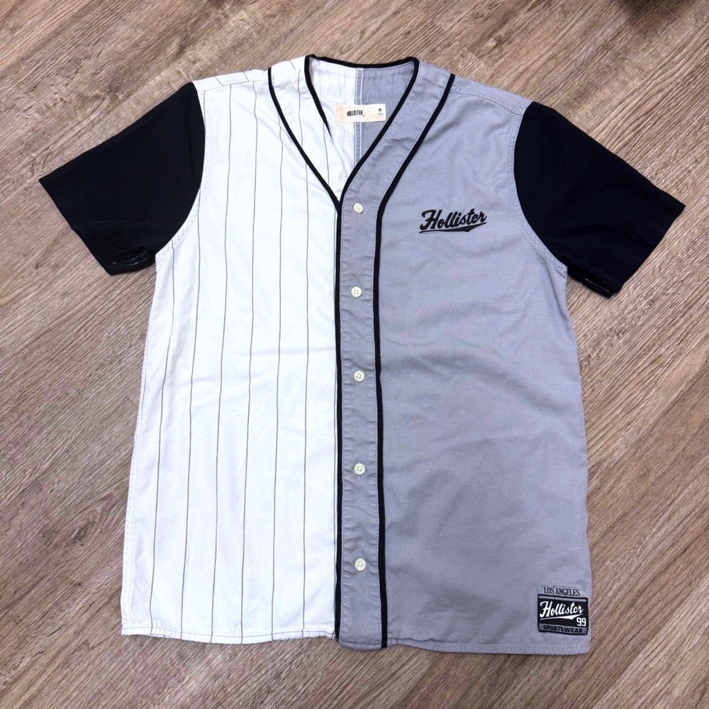 Hollister Mens Baseball Jersey Shirt Grey White Pinstripe Split Colorblock M